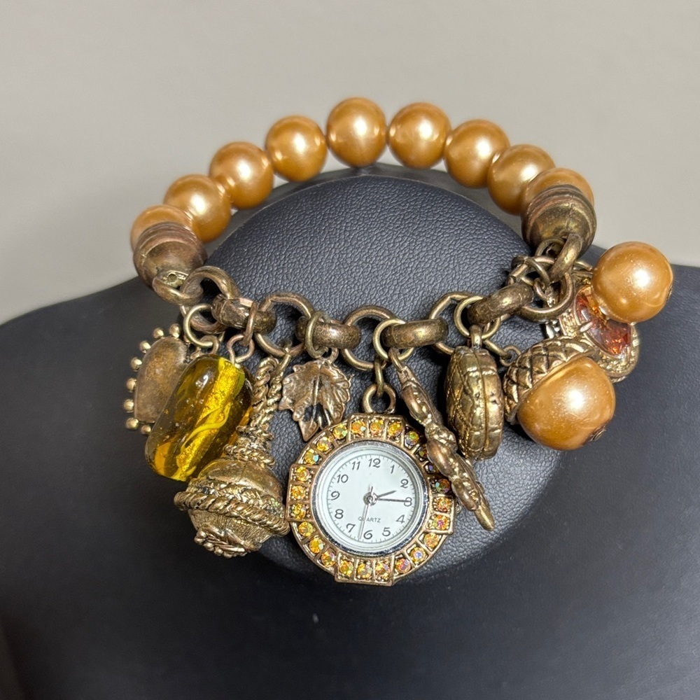 Vintage Beaded Faux Pearl Stretch Charm Watch Bracelet Victorian